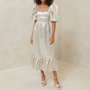 Loeffler Randall Elisa Puff Sleeve Gold Midi Evening Dress Size 6